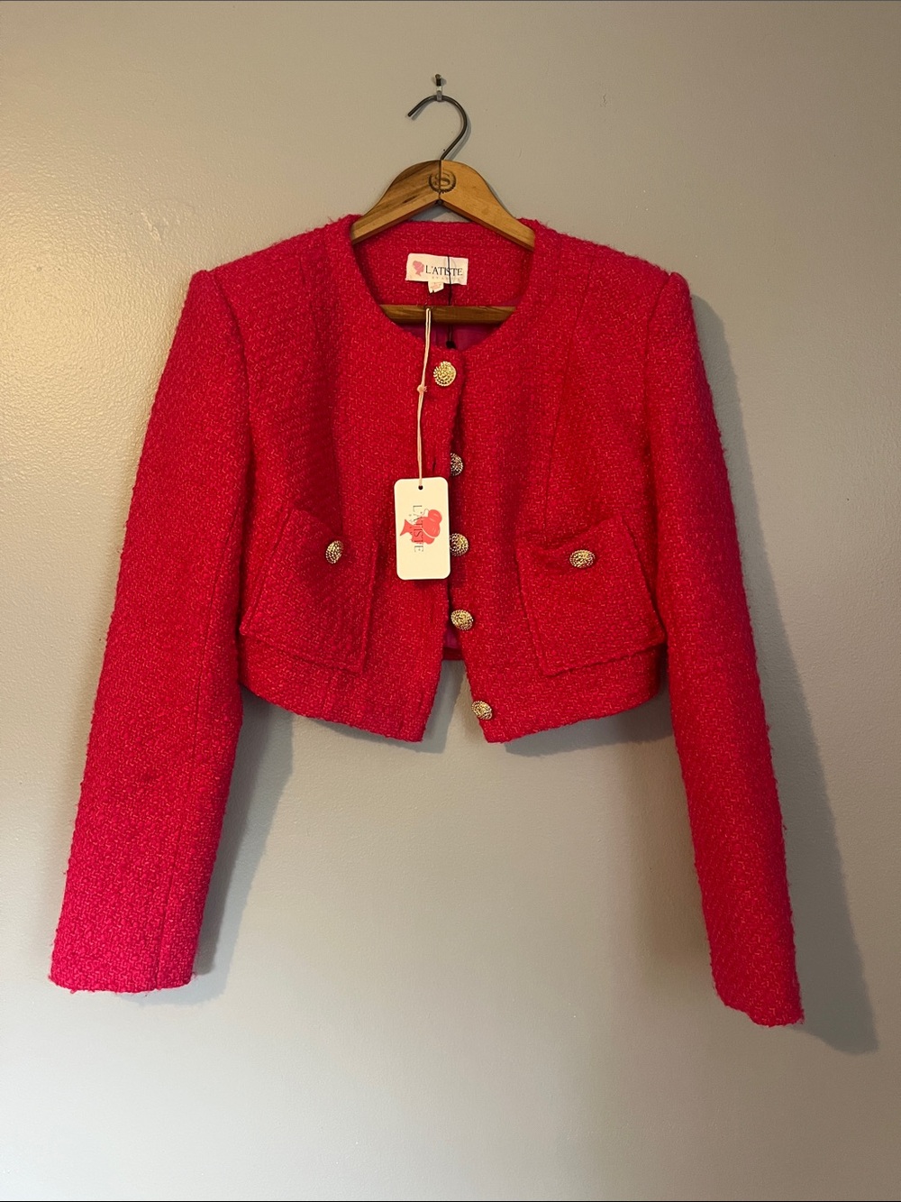 L'ATISTE Hot Pink Bouclé Cropped Blazer with Gold Buttons